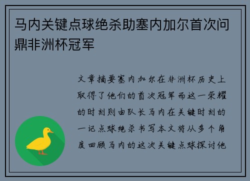 马内关键点球绝杀助塞内加尔首次问鼎非洲杯冠军